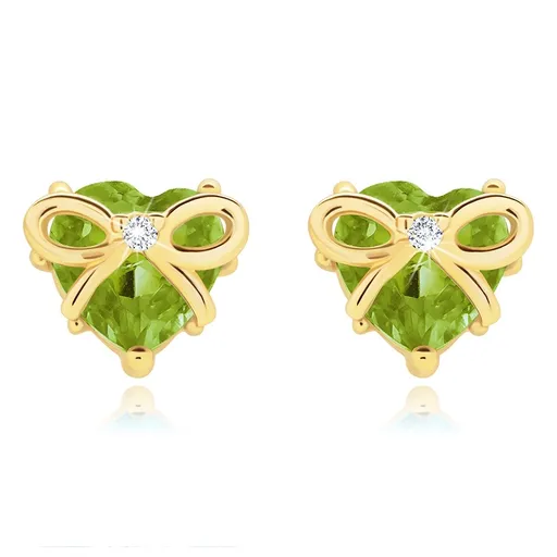 Náušnice ze žlutého 14K zlata, olivínové srdce s mašlí a zirkonem