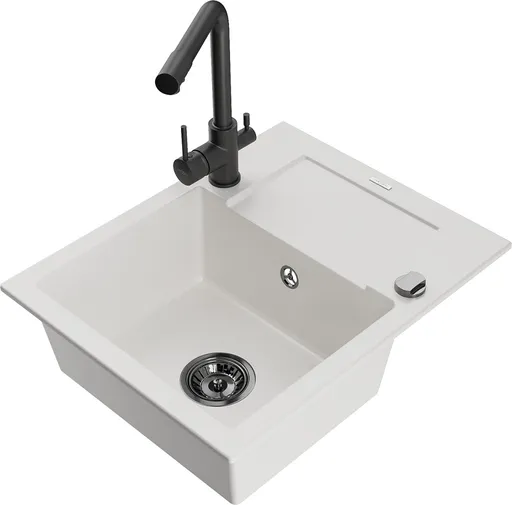 MEXEN/S Enzo granitový dřez 1-miska s odkapávačem včetně baterie Duero, bílá 6506-20-671600-70