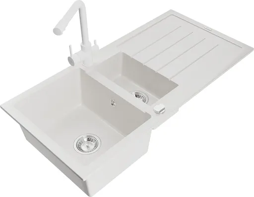 MEXEN/S Andres granitový dřez s odkapávačem včetně baterie Duero, bílá 6515-20-671600-20