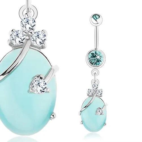 Piercing do pupíku - chirurgická ocel, čiré a akvamarínové zirkony, světle modrý ovál