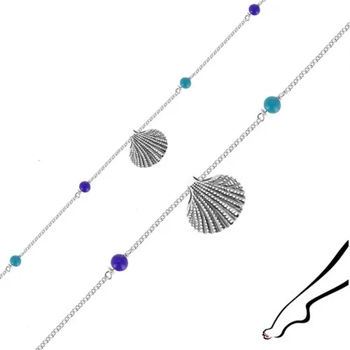 Náramek ze stříbra 925 na kotník - mořská mušle, čtyři modré kuličky