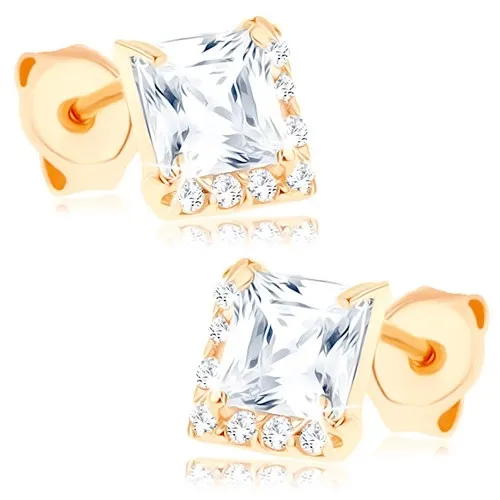 Zlaté náušnice 14K štvorcového tvaru s lemováním z čírych zirkonů