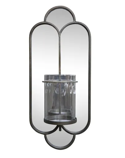 Mosazné antik kovové nástěnné zrcadlo se svícnem Floa - 21*15*50 cm Chic Antique