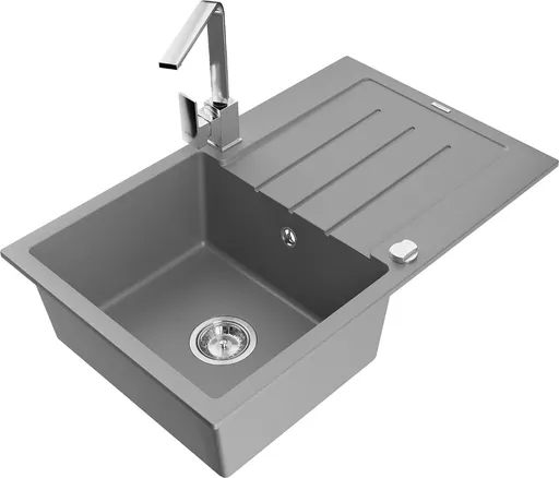 MEXEN/S Bruno granitový dřez 1-miska s odkapávačem včetně baterie Rita, šedý 6513-71-670300-00