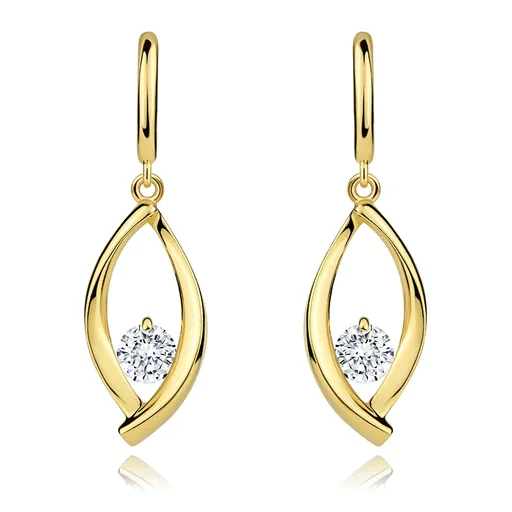 Náušnice ve žlutém 14K zlatě - velký obrys zrnka, kulatý zirkon čiré barvy