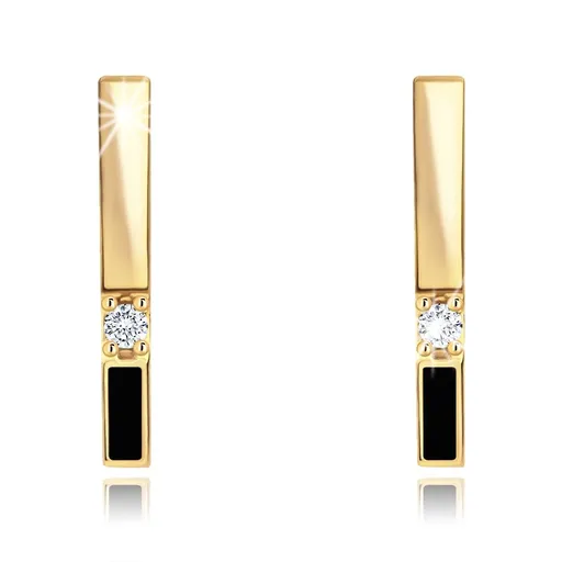 Náušnice ze žlutého 14K zlata - svislý proužek se zirkonem a černou glazurou