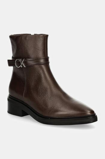 Kožené kotníkové boty Calvin Klein HEEL ANKLE BOOT 30 W/HW LTH dámské, hnědá barva, na plochém podpatku, HW0HW02183