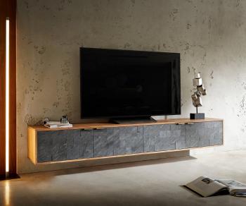 TV stolek Teele 220 cm přírodní akácie břidlice 4 dvířka