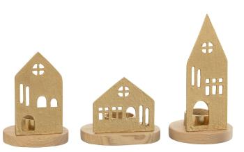 Set 3ks svícen domek na čajovou svíčku House gold - 9*9*19 cm 36243