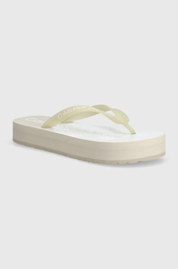 Žabky Calvin Klein Jeans BEACH SANDAL FLATFORM MONOLOGO dámské, béžová barva, na platformě, YW0YW01617