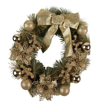 Zeleno-zlatý vánoční věnec s mašlí a koulemi Christmas Wreath - Ø 40*10 cm 65772