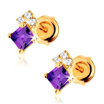 Zlaté náušnice 14K s ametystom v tvare kosoštvorca a čírymi zirkónmi
