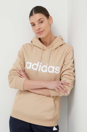 Bavlněná mikina adidas dámská, béžová barva, s kapucí, s potiskem, IS2083