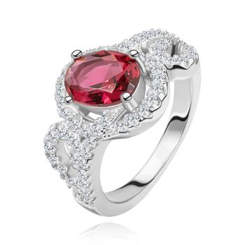 Prsteň s oválnym červeným zirkónom, polovice obrysov sŕdc, striebro 925 - Veľkosť: 53 mm