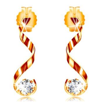 Náušnice v žltom 14K zlate - lesklá zvlnená línia, číry zirkón