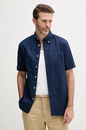 Košeľa s prímesou ľanu Tommy Hilfiger tmavomodrá farba, regular, s golierom button-down, MW0MW40703