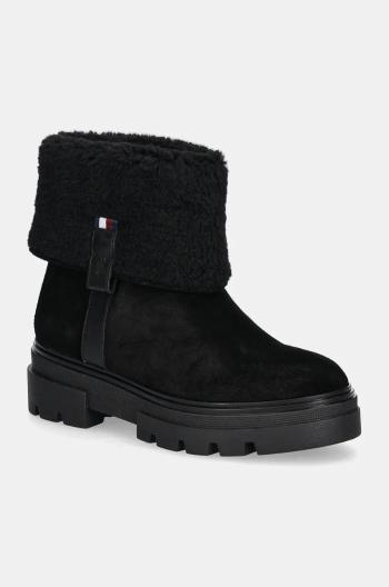 Semišové boty Tommy Hilfiger FAUX FUR SUEDE ROLL-DOWN BOOT černá barva, na plochém podpatku, zateplené, FW0FW08158