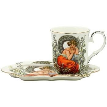 Home Elements Porcelánoý hrnek 360 ml, s podtáckem, Mucha světlý (MUCHA0005)