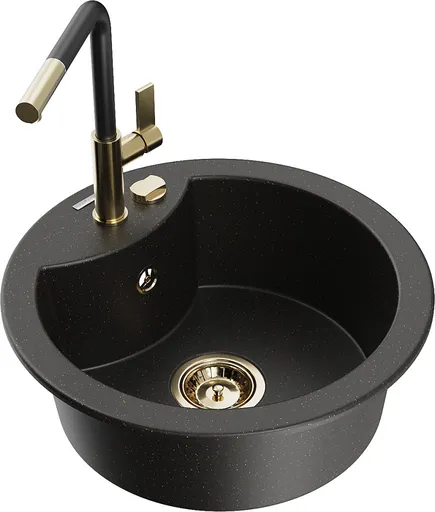 MEXEN/S Diego granitový dřez 1-miska včetně baterie Flora, černá/zlatá metalik 6512-75-670401-57-G