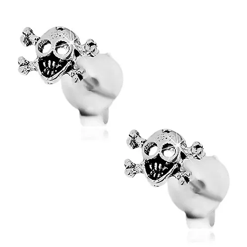 Patinované náušnice, stříbro 925, lebka s překříženými kostmi