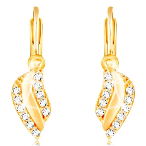 Zlaté náušnice 585 - lesklý zvlněný list s liniemi čirých zirkonků