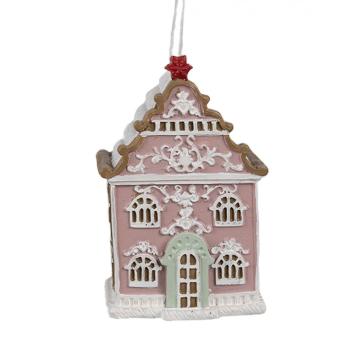 Růžová závěsná vánoční ozdoba perníková chaloupka Gingerbread - 6*4*9 cm 6PR4215