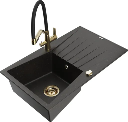 MEXEN/S Cesar granitový dřez s odkapávačem včetně baterie Duo, černá/zlatá metalik 6514-75-671701-57-G