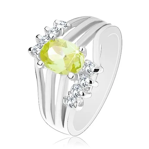 Blýskavý prsten stříbrné barvy, barevný oválný zirkon, lesklé pásy, čiré zirkony - Velikost: 52, Barva: Fialová