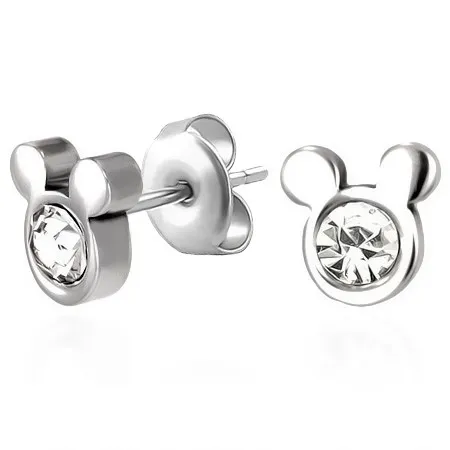 Náušnice z oceli 316L, stříbrný odstín, zirkon, hlava myšky