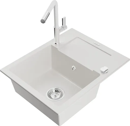 MEXEN/S Enzo granitový dřez 1-miska s odkapávačem včetně baterie Flora, bílá 6506-20-670401-02