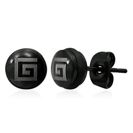 Puzetové ocelové náušnice s řeckým symbolem, černé