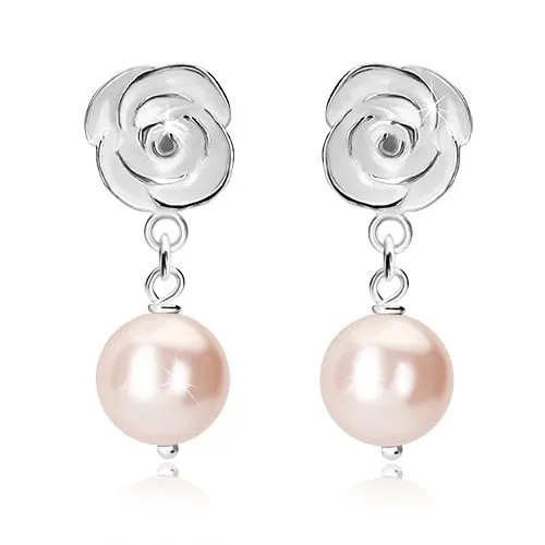 Stříbrné náušnice 925 - bílá růže, kulatá očka, světle růžová kulička