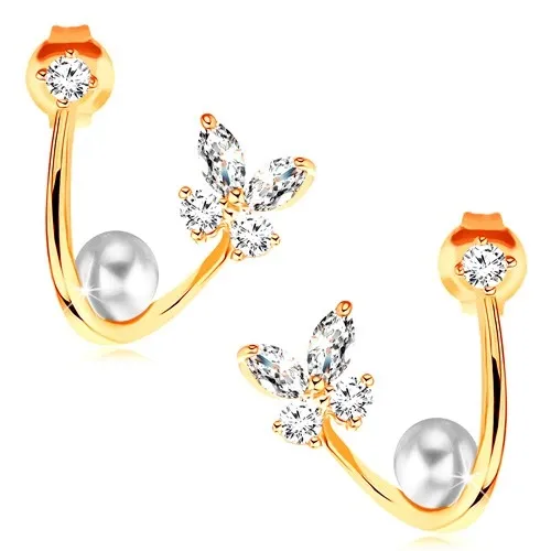 Náušnice ve žlutém 14K zlatě - lesklá zahnutá linie, motýl, perla a zirkon