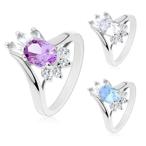 Lesklý prsten, broušený oválný zirkon, obdélníkové a kulaté zirkonky čiré barvy - Velikost: 49, Barva: Čirá