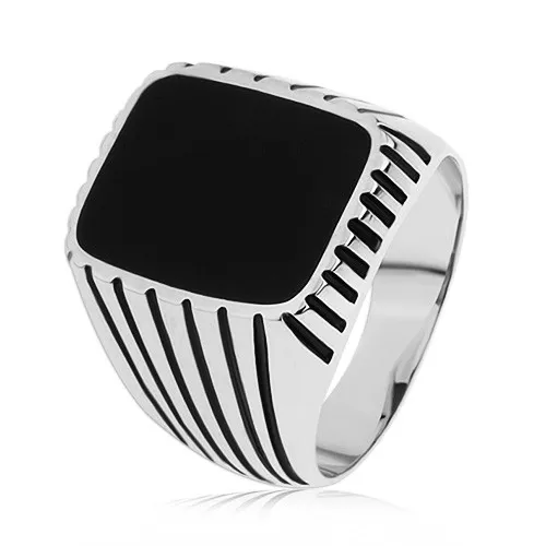 Prsten ze stříbra 925, černé pásky na ramenech, obdélník s černou glazurou - Velikost: 54