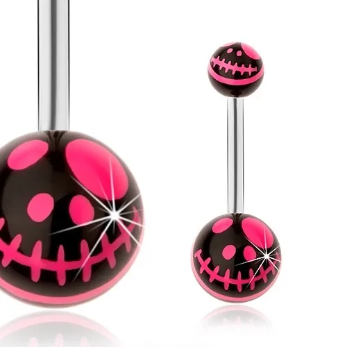 Piercing do pupíku, ocel 316L, černá a neonově růžová barva, kreslená lebka