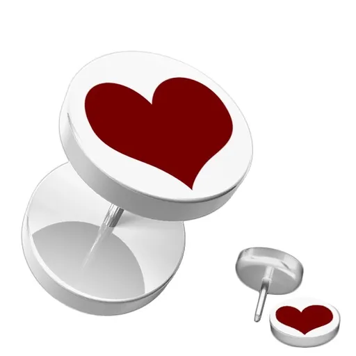 Fake akrylový piercing do ucha - kruhový, bílý s červeným srdcem