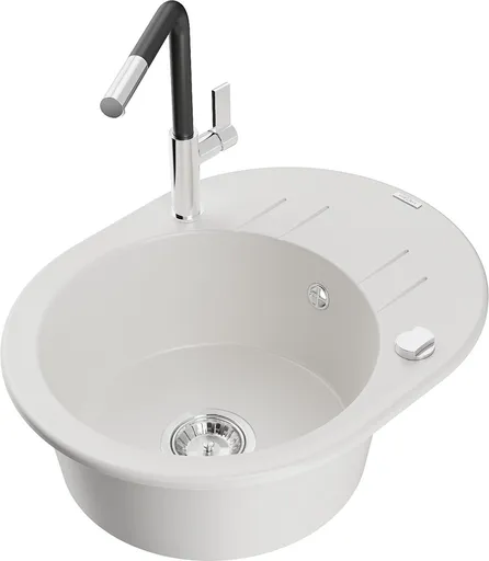 MEXEN/S Kevin granitový dřez 1-miska s odkapávačem včetně baterie Flora, bílá 6517-20-670401-07