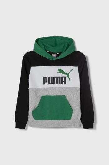 Dětská mikina Puma ESS BLOCK TR B zelená barva, s kapucí, vzorovaná