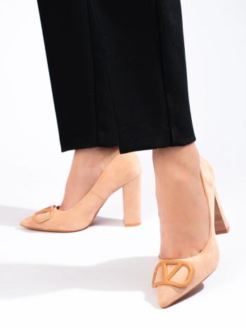 Originálne béžové dámske lodičky na širokom podpätku