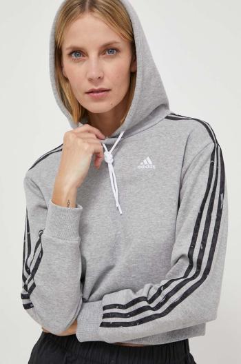 Bavlněná mikina adidas dámská, šedá barva, s kapucí, s potiskem, IN9931