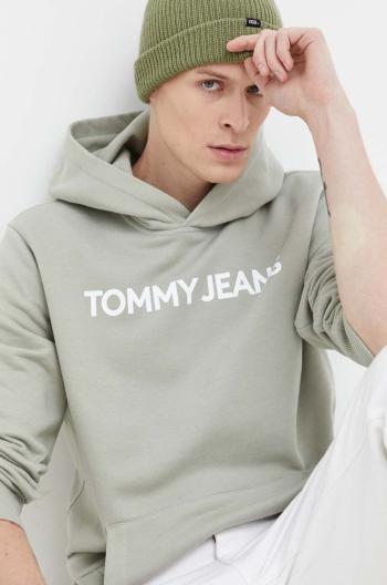 Bavlněná mikina Tommy Jeans pánská, zelená barva, s kapucí, s potiskem, DM0DM18413