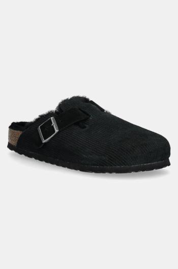 Semišové pantofle Birkenstock Boston Corduroy Shearling dámské, černá barva, 1028400