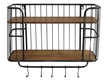 Černá antik nástěnná kovová polička s dřevěnými poličkami a háčky Old shelf- 52*20*45cm 41042724 (41427-24)