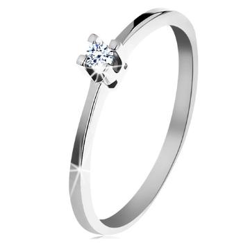 Prsteň z bieleho 14K zlata - tenké lesklé ramená, ligotavý číry diamant - Veľkosť: 49 mm