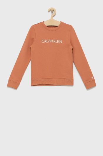 Dětská bavlněná mikina Calvin Klein Jeans oranžová barva, s potiskem