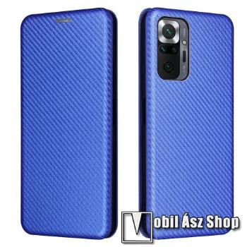 Notesz tok / flip tok - KÉK - KARBON MINTÁS - asztali tartó funkciós, oldalra nyíló, rejtett mágneses záródás, bankkártyatartó zseb, szilikon belső - Xiaomi Redmi Note 10 Pro / Redmi Note 10 Pro Max