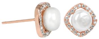 JwL Luxury Pearls Stříbrné rosegold náušnice s pravou bílou perlou a krystaly JL0252