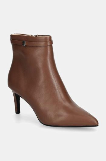 Kožené kotníkové boty Calvin Klein HEEL ANKLE BOOT 70 W/HW LTH dámské, hnědá barva, na podpatku, HW0HW02172