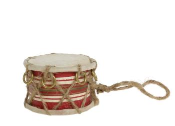 Červeno-bílý vánoční dřevěný bubínek s kůží Drum Vintage - Ø 6*4cm 52058933